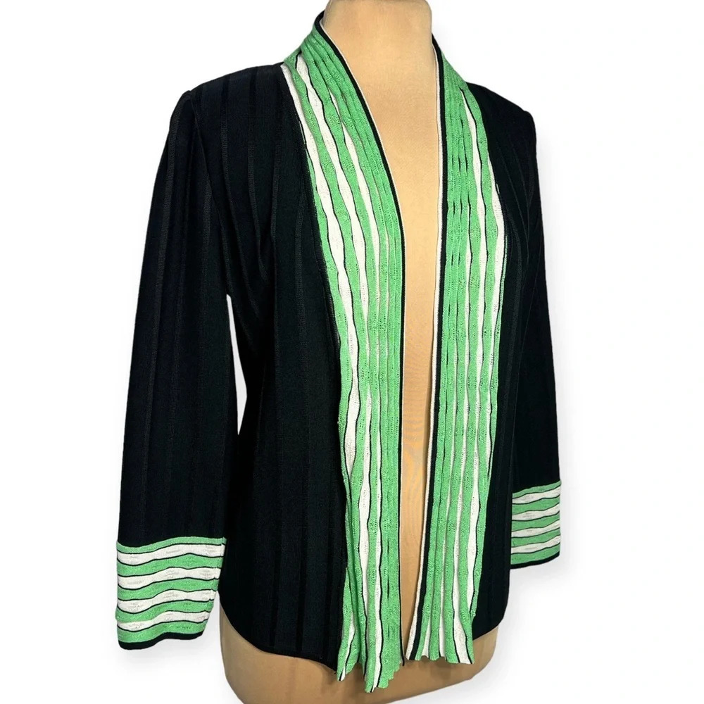 Ming Wang open front cardigan black with green and white stripe shawl collar